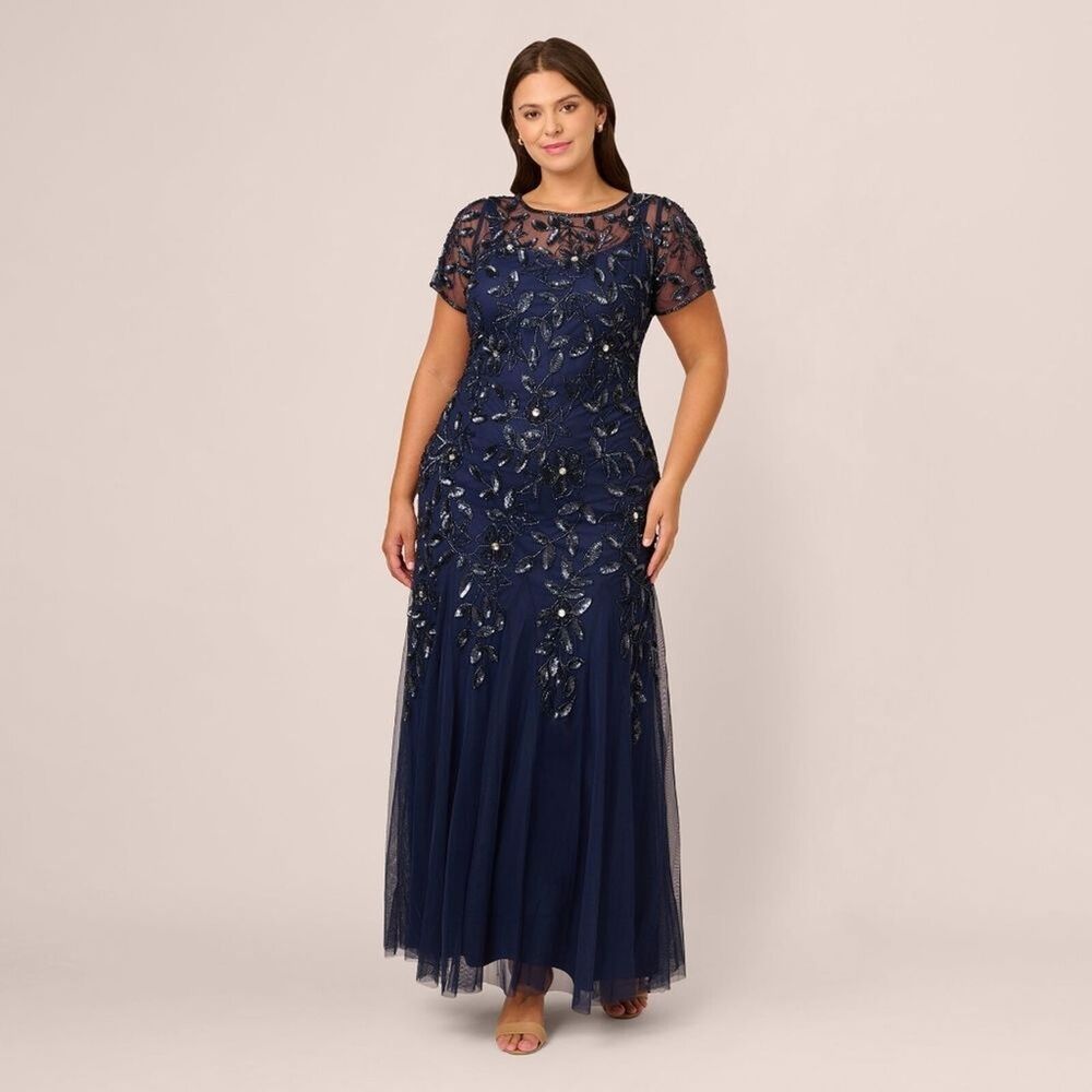Elegant Navy Blue Embroidered Evening Gown NWT